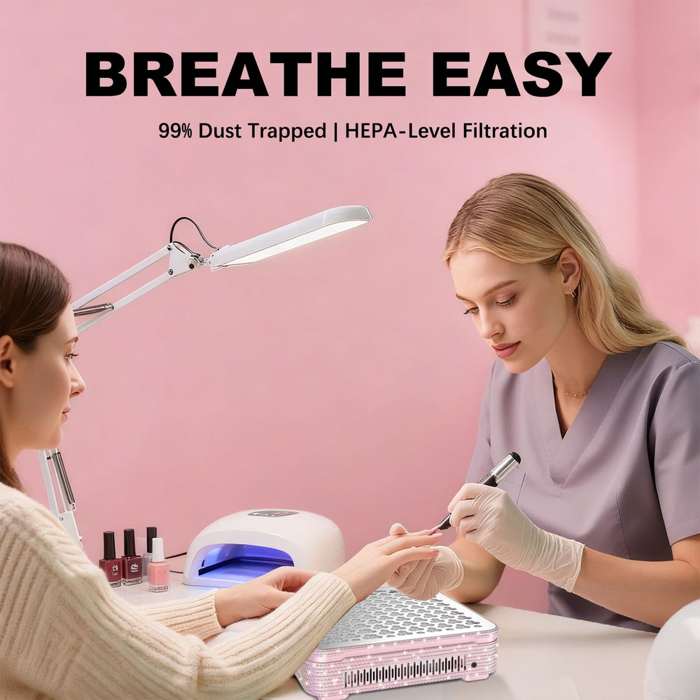 SYDRON Nail Dust Collector shows 360-degree airflow for thorough dust capture.