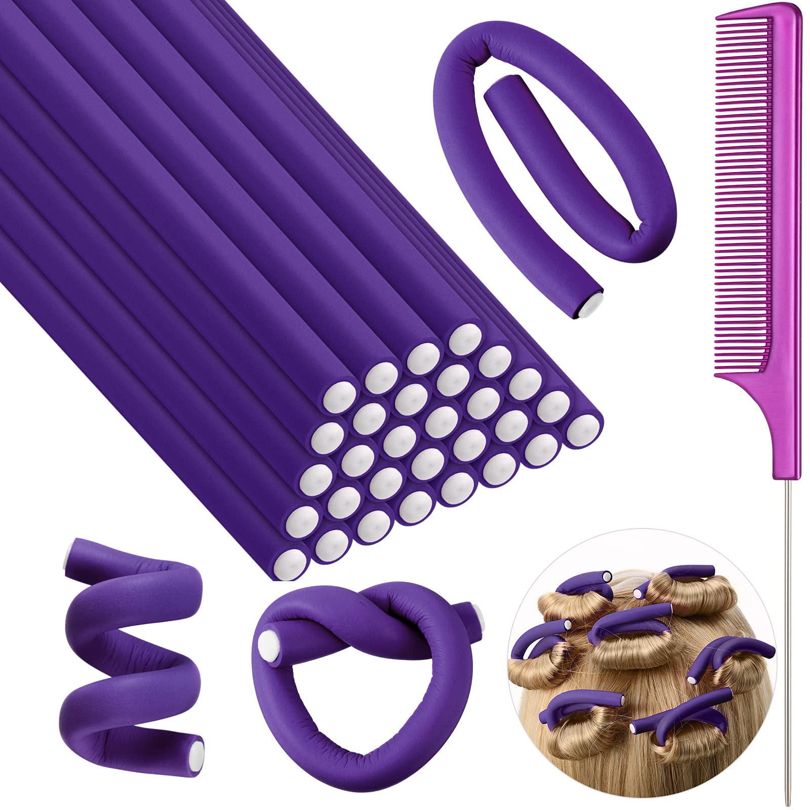 Syhood purple 30pcs 7inch curling rods set for at-home no-heat styling.