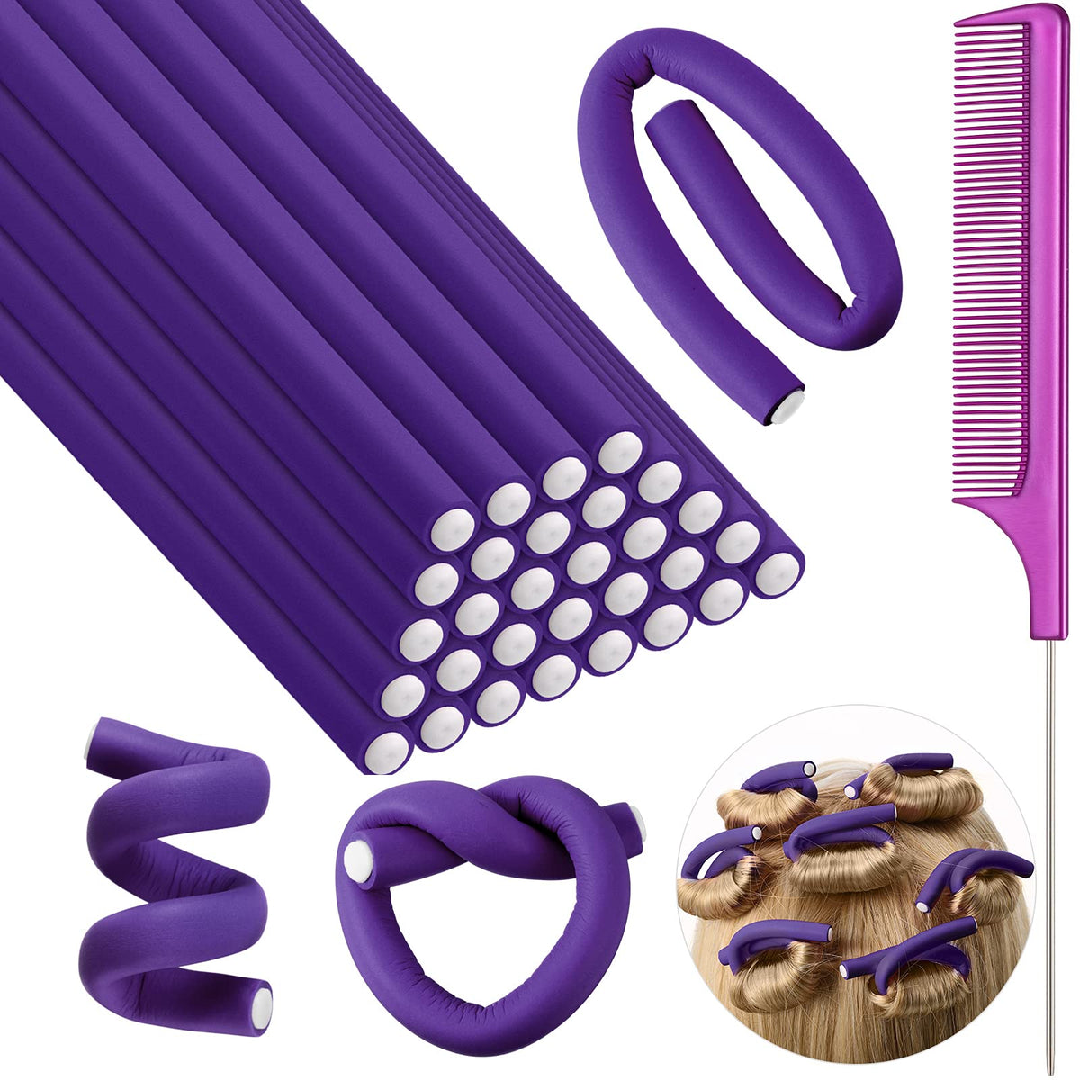Syhood purple 30pcs 7inch curling rods set for at-home no-heat styling.
