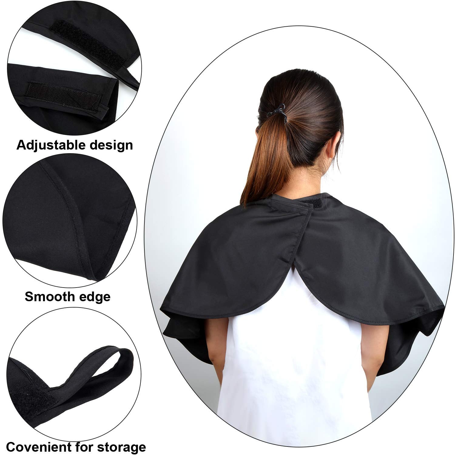 Syhood adjustable neck cape black ensures comfortable fit for clients.