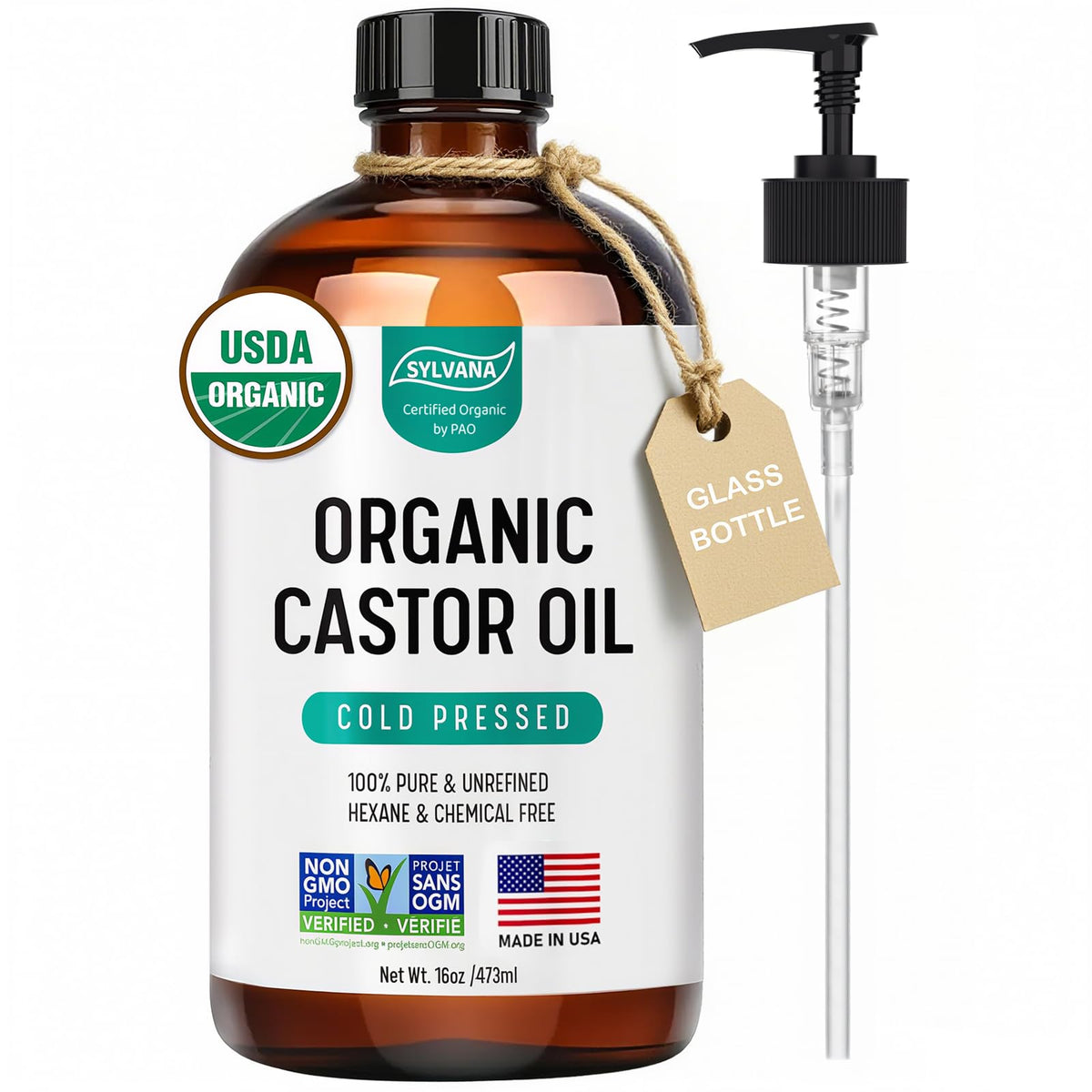 SYLVANA castor oil amber glass bottle with pump for easy, mess-free use