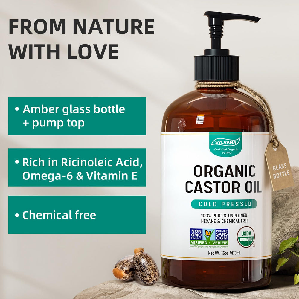 SYLVANA castor oil USA-made certification label highlighting origin and purity