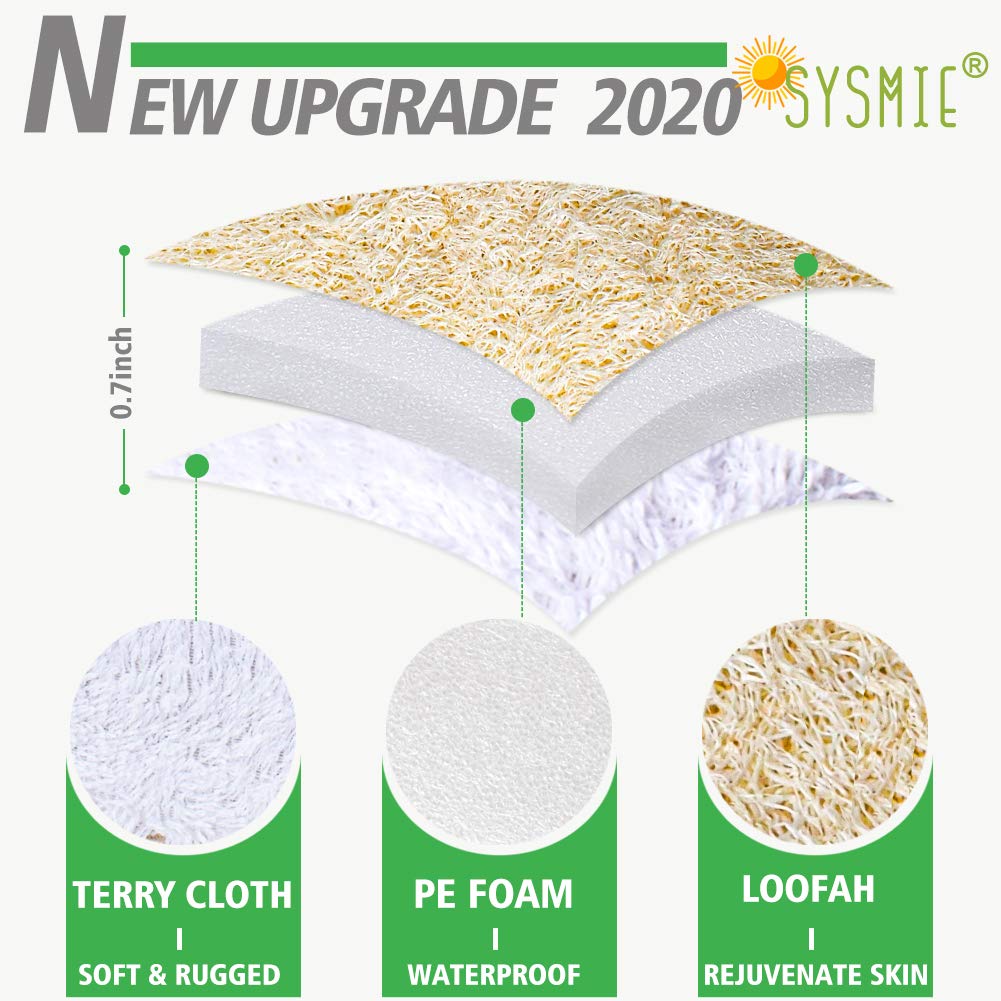 Sysmie 3-pack shower loofah pads in packaging layout