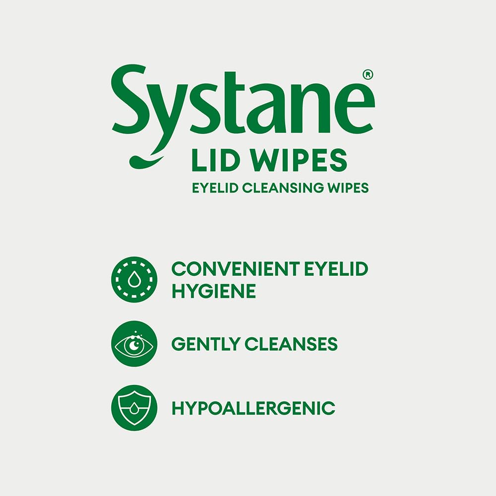 Systane Lid Wipes pouch close-up showing pre-moistened wipes for daily eyelid hygiene.