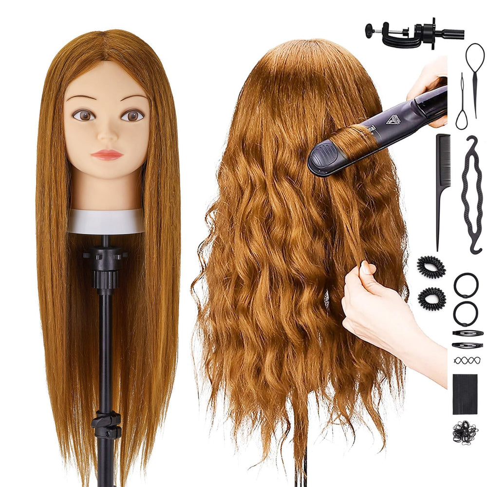 SZCY mannequin head close-up shows 80% human hair for realistic styling practice.
