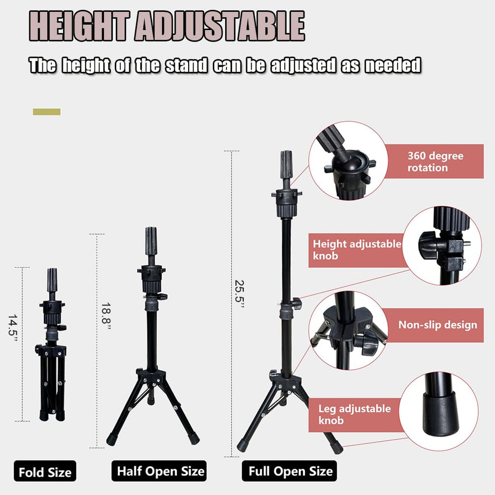 SZCY wig stand tripod shows compact height for versatile wig prepping.