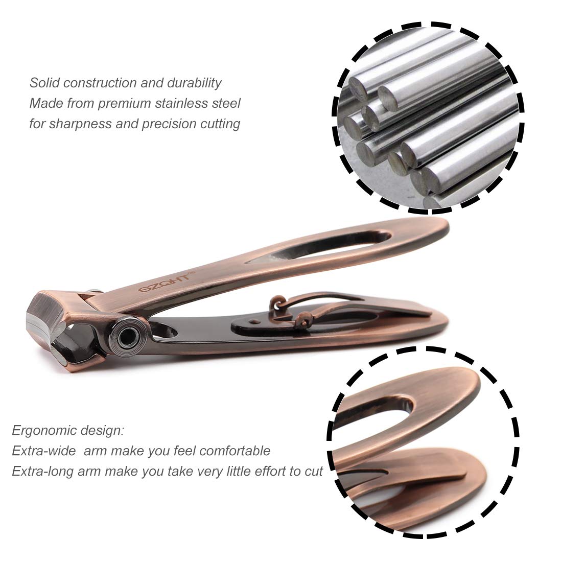 SZQHT toenail clippers shown in hand, wide jaw designed for thick or ingrown nails.