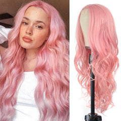 T-color long pink wavy wig front view ideal for daily wear and cosplay