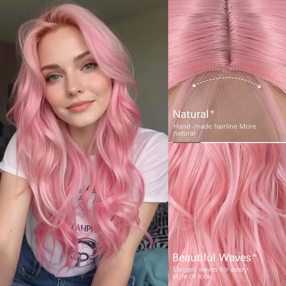 T-color long pink wavy wig side view demonstrates versatile party-ready styling