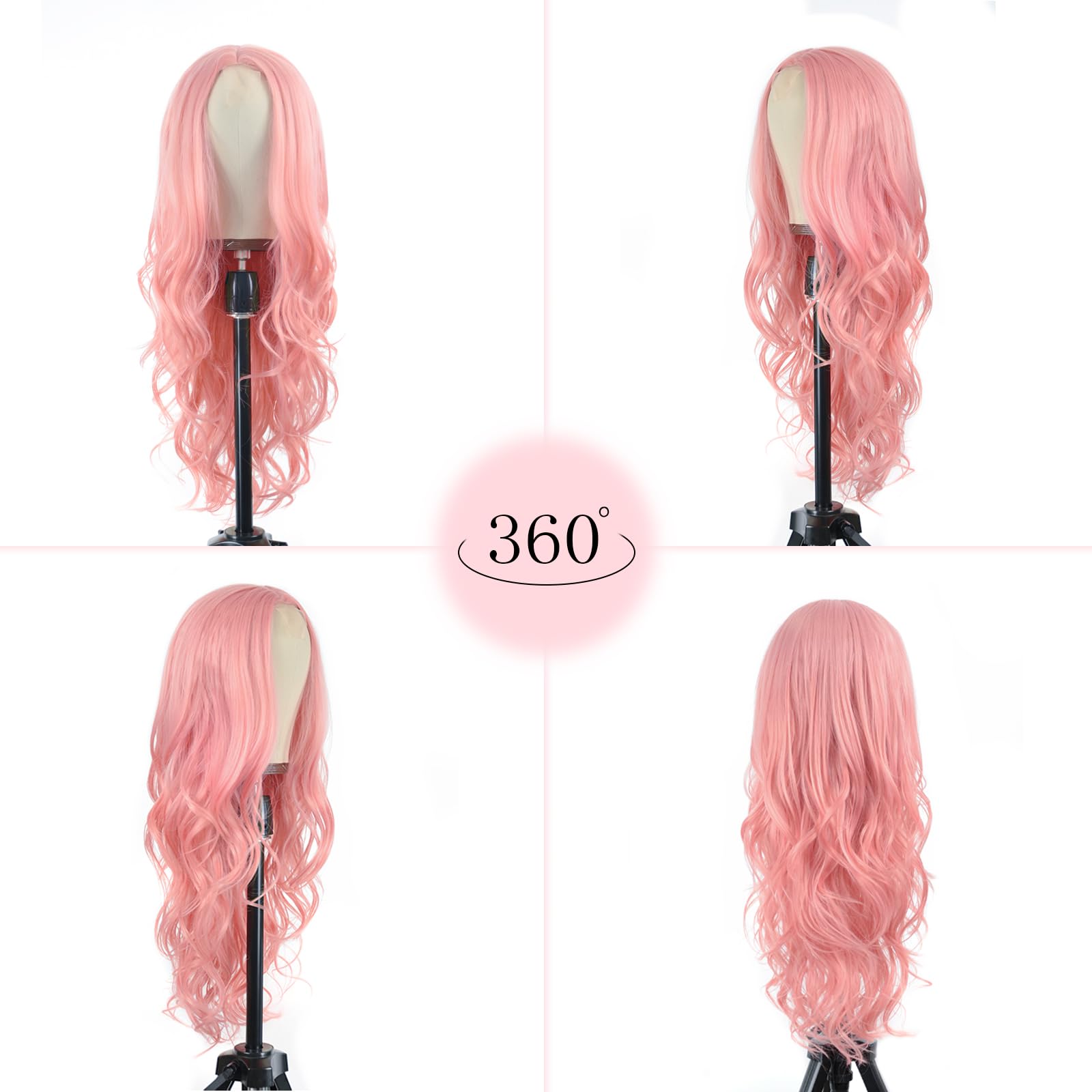 T-color long pink wavy wig soft-cap ensures comfortable all-day wear