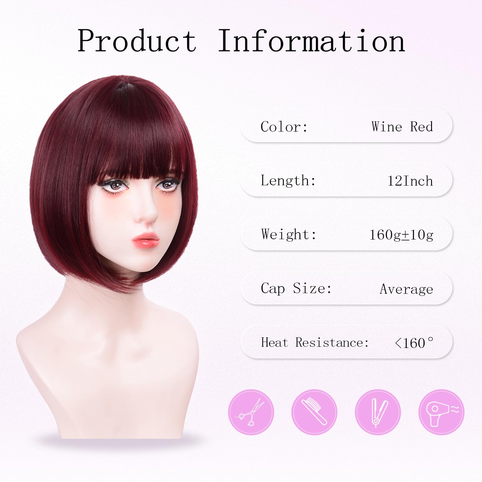 T-color Wine Red Bob Wig bangs closeup highlighting color depth and softness