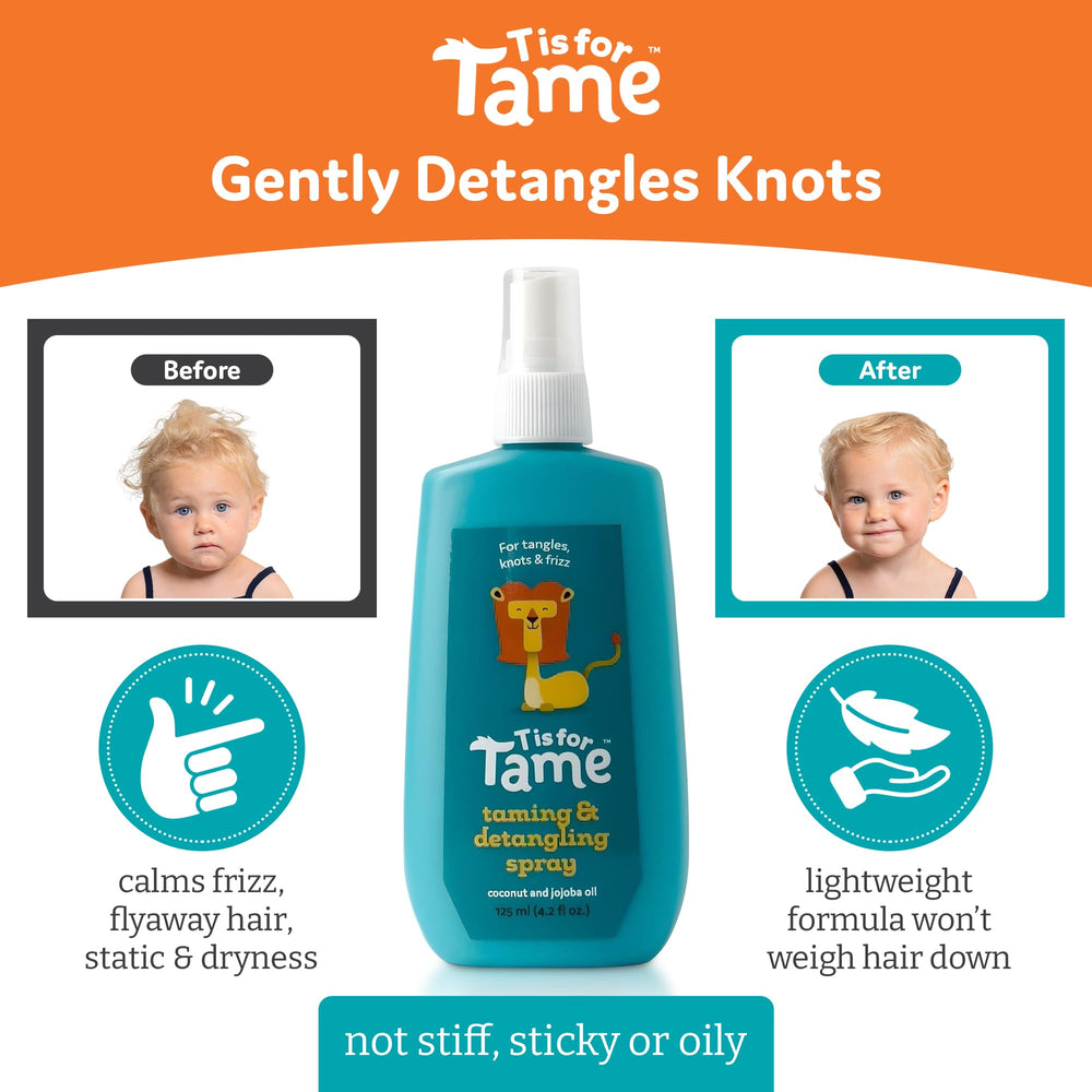 T is for Tame detangled hair after use reveals softer, manageable tresses.