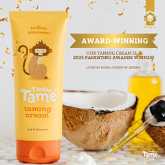 T is for Tame applying dime-size amount demonstrates easy, gentle styling for kids