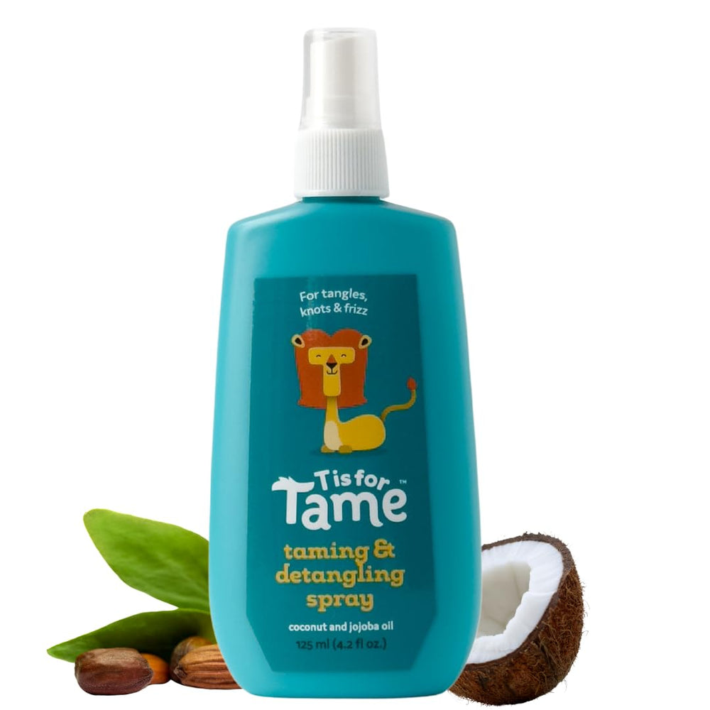 T is for Tame detangling spray bottle front shows easy daily detangling for kids.