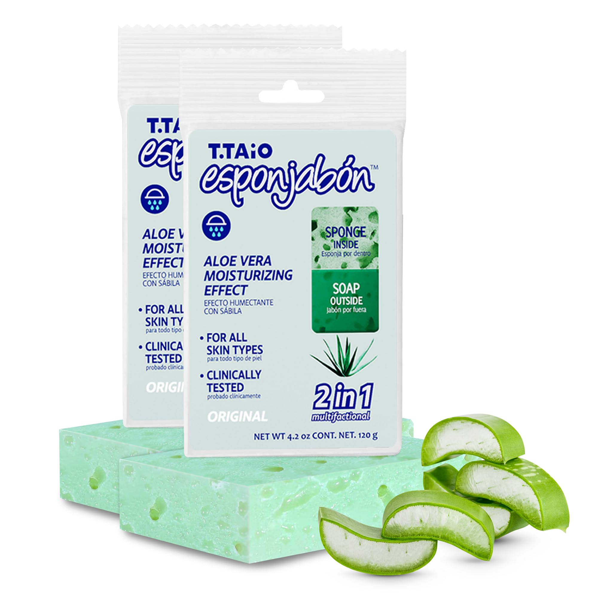 T.TAIO Esponjabon Aloe Vera Soap Sponge closeup shows aloe-infused cleansing for nourished skin.