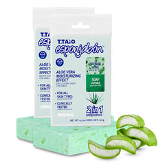 T.TAIO Esponjabon Aloe Vera Soap Sponge closeup shows aloe-infused cleansing for nourished skin.