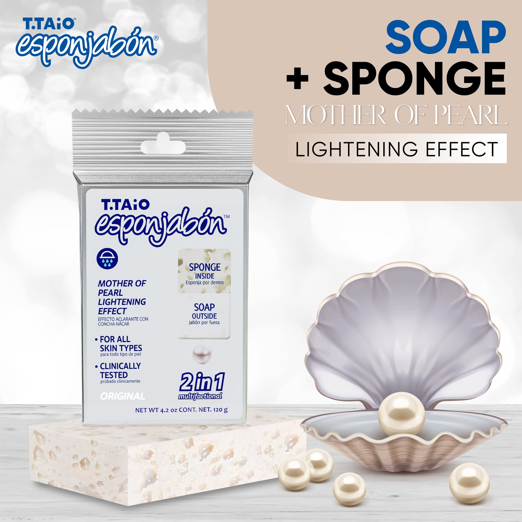 T.TAIO Esponjabon sponge sits in a bathroom setting offering long-lasting exfoliation.
