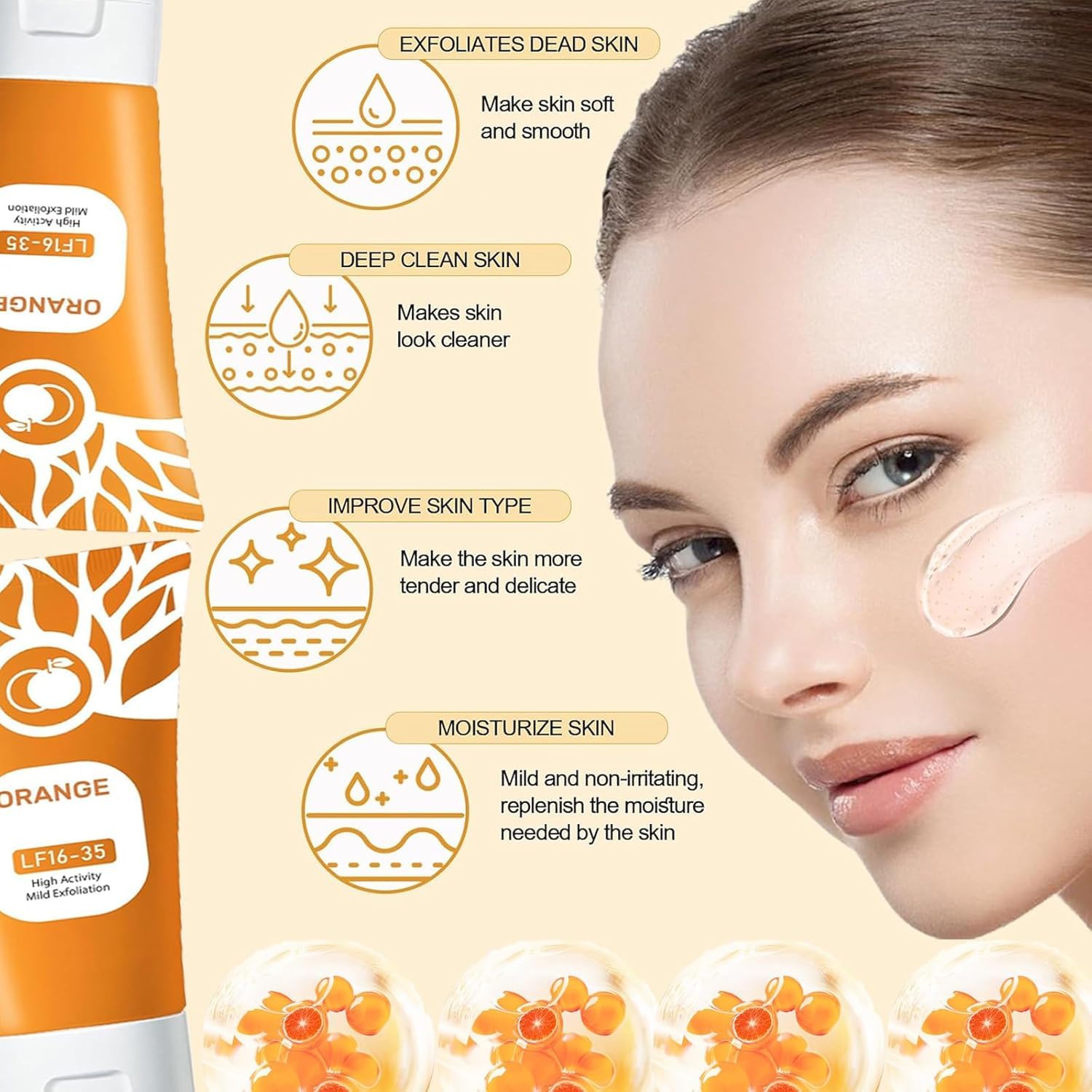 TABOUNTS Orange Exfoliating Gel on hands demonstrates circular massage action.