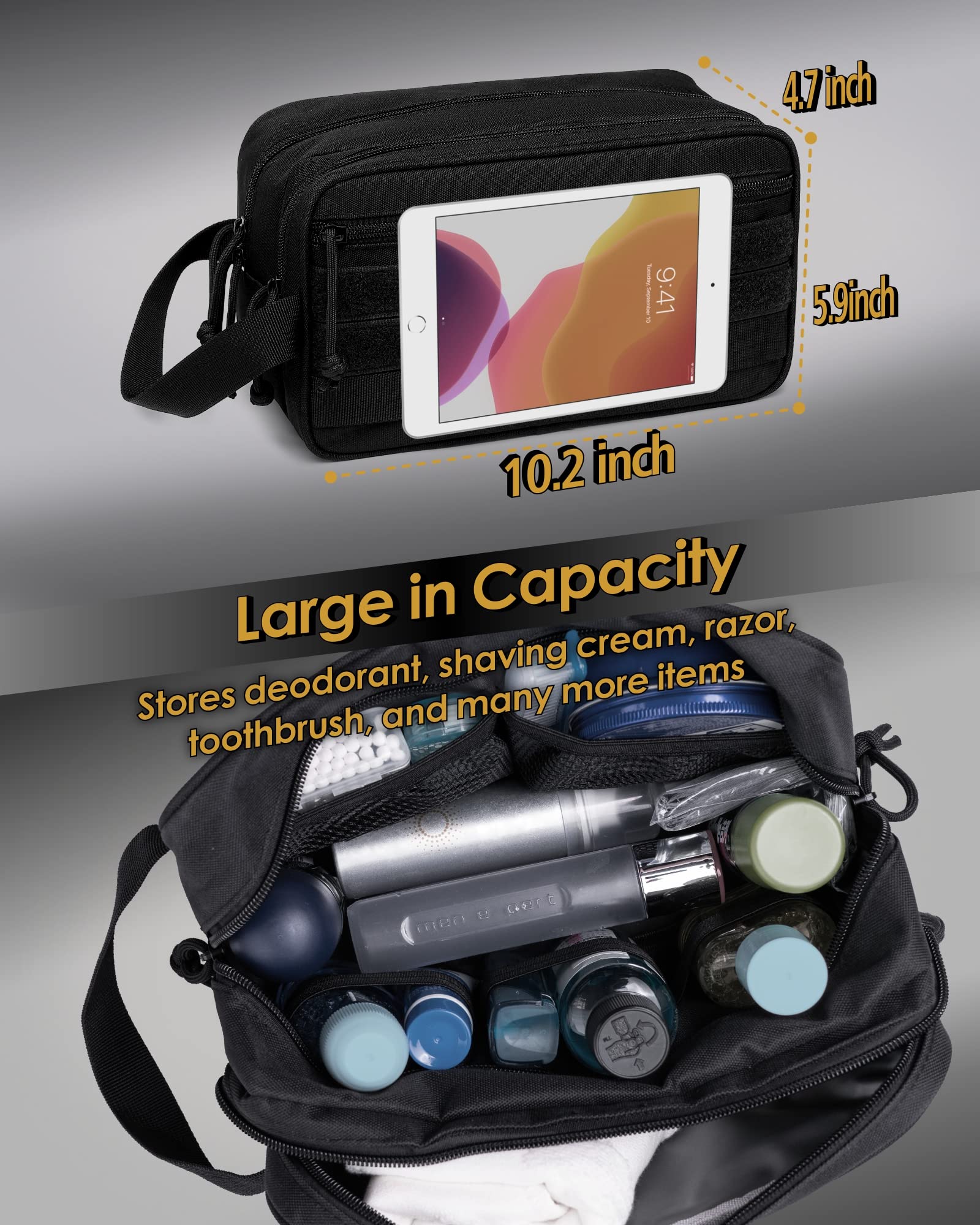 TACTICISM toiletry bag wide opening for easy access to items
