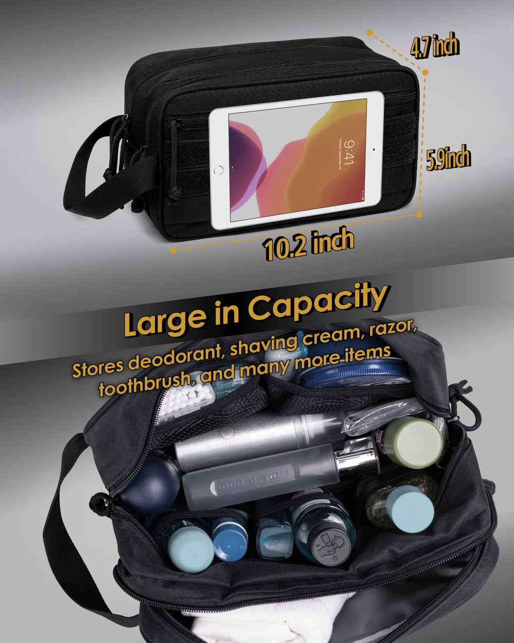 TACTICISM toiletry bag wide opening for easy access to items