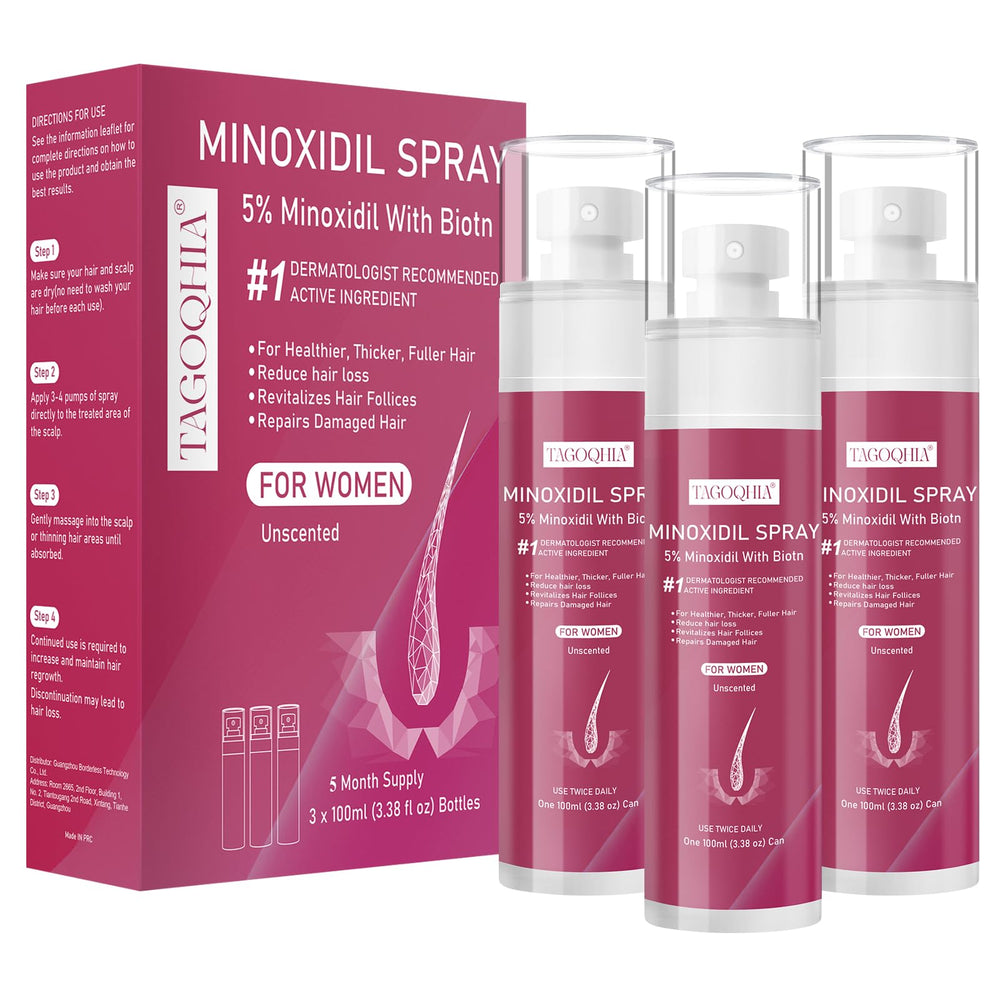 TAGOQHIA 5% Minoxidil spray bottle for thinning areas, ready for daily use.