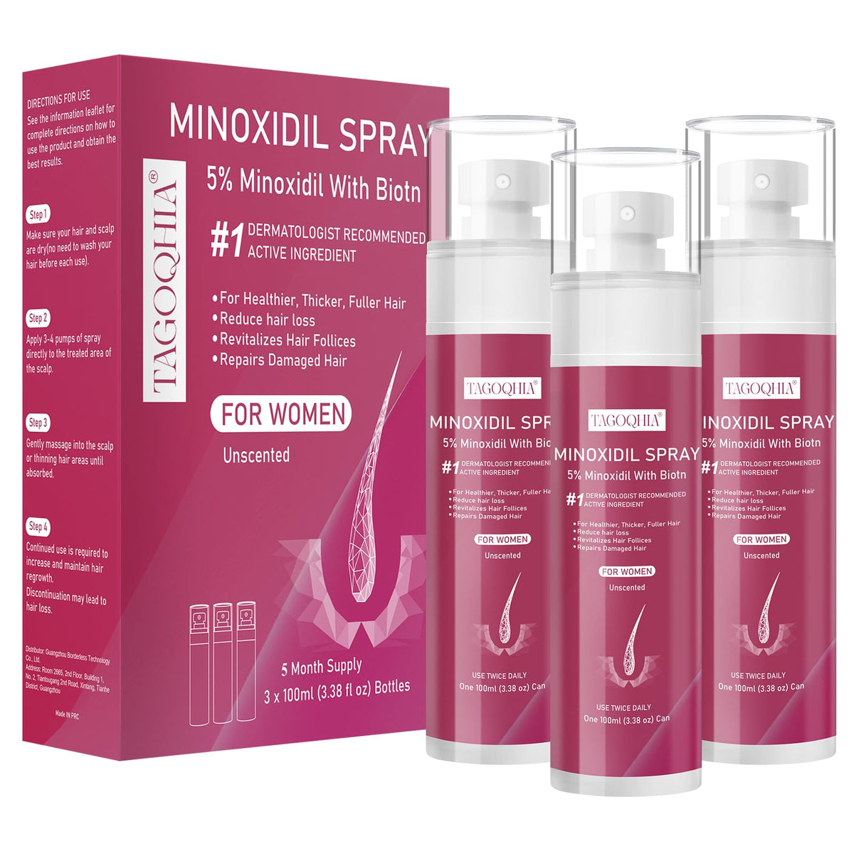 TAGOQHIA 5% Minoxidil spray bottle for thinning areas, ready for daily use.