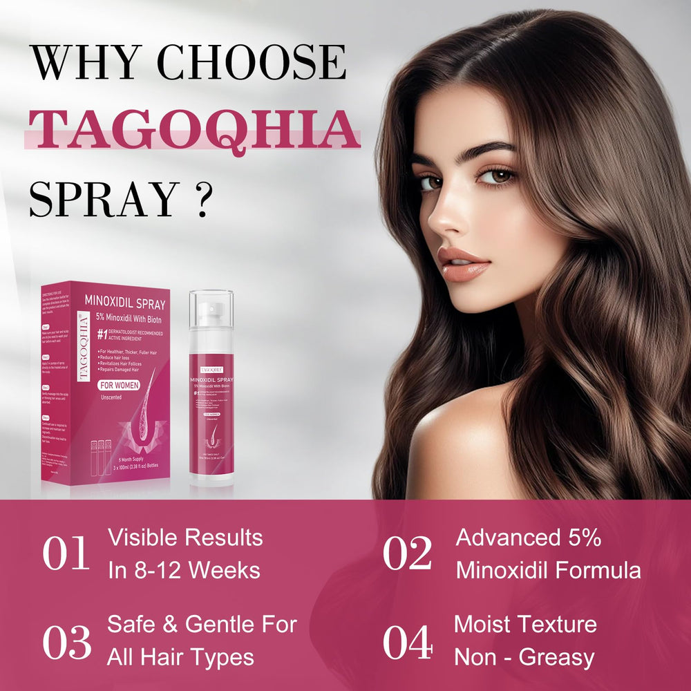 TAGOQHIA biotin-infused minoxidil supports scalp vitality and fuller-looking hair.