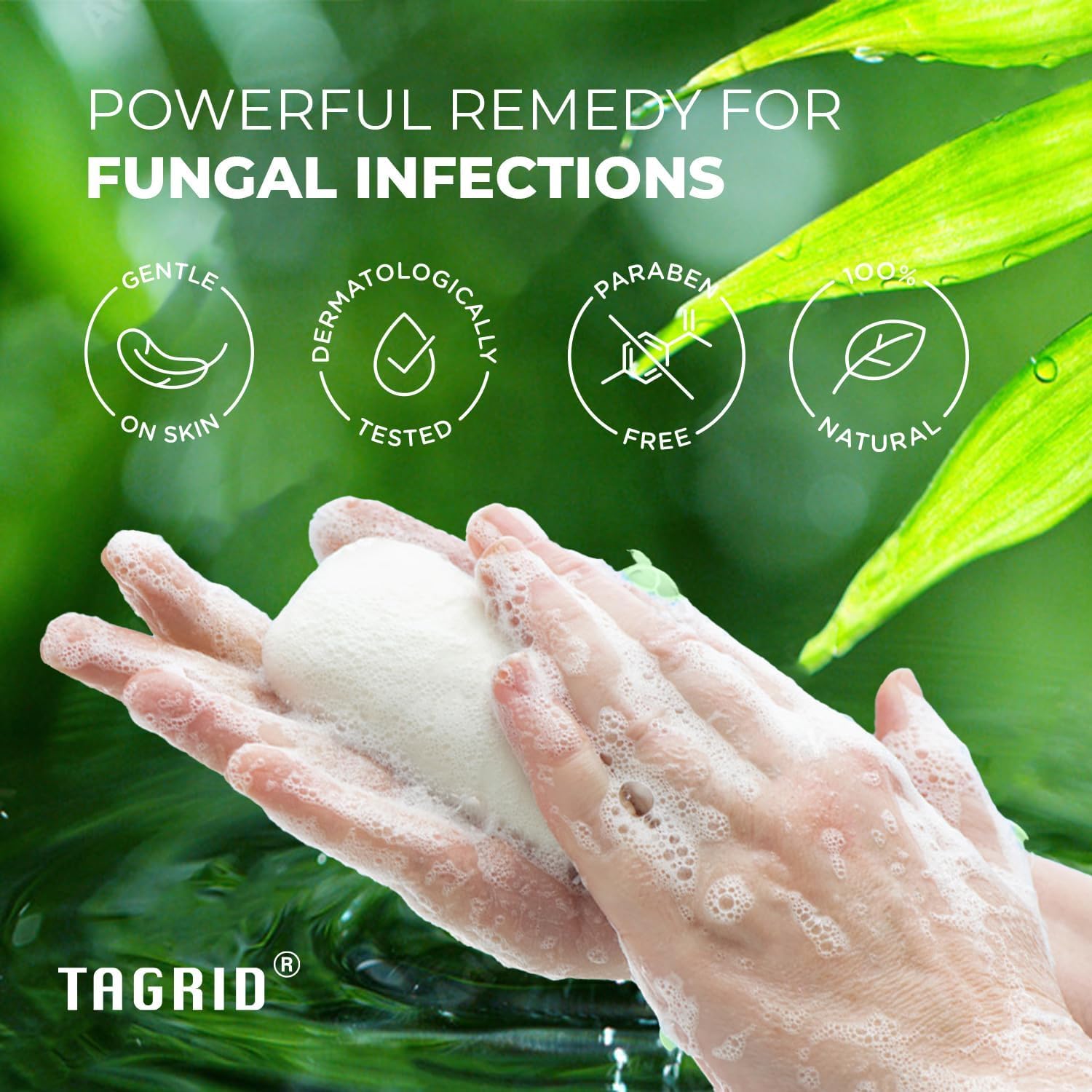 TAGRID antifungal soap applied to face for comprehensive cleanse