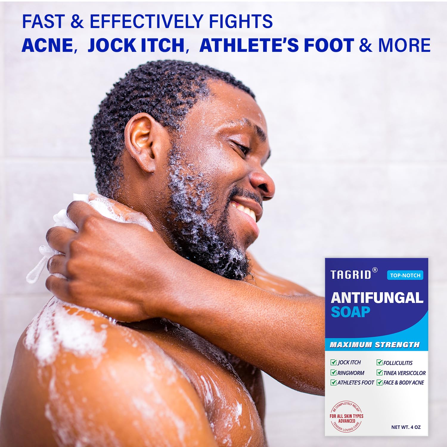 Packaging shot of TAGRID antifungal soap emphasizing trusted skin health