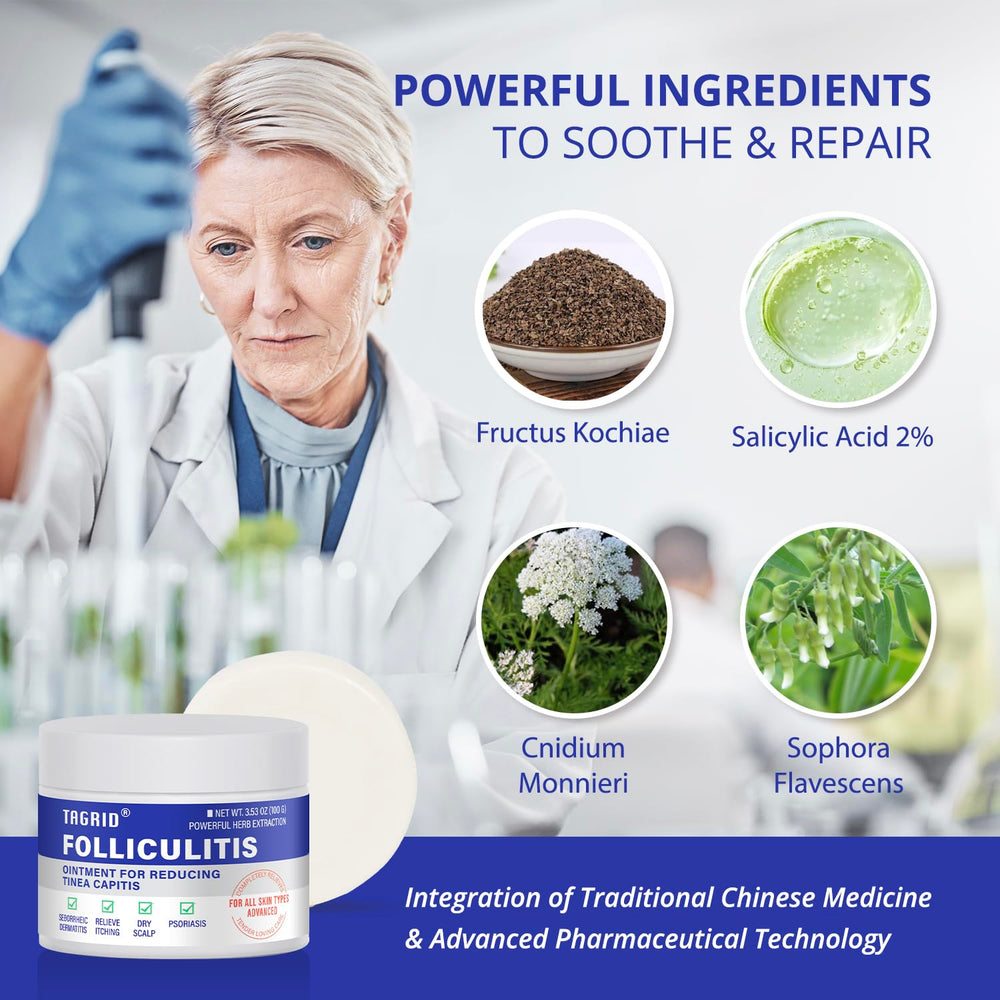 TAGRID Folliculitis Cream being applied to skin suggests gentle care for sensitive areas.