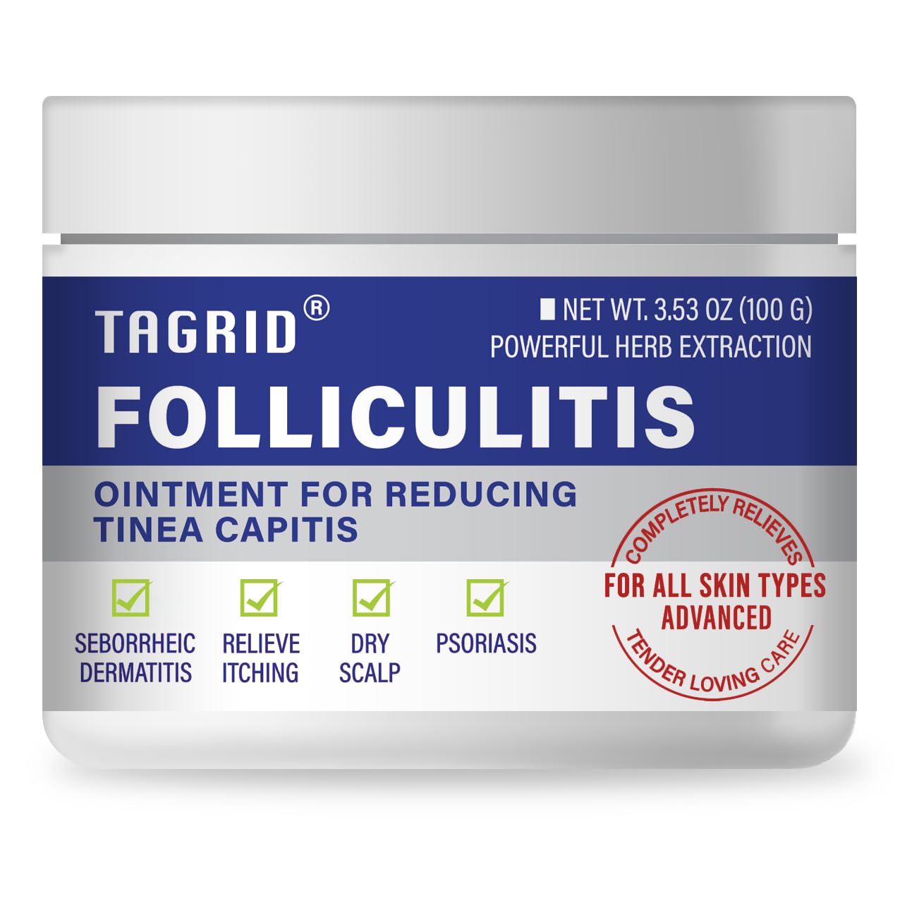 TAGRID Folliculitis Treatment Cream bottle displaying soothing, hydrating formula for daily comfort.