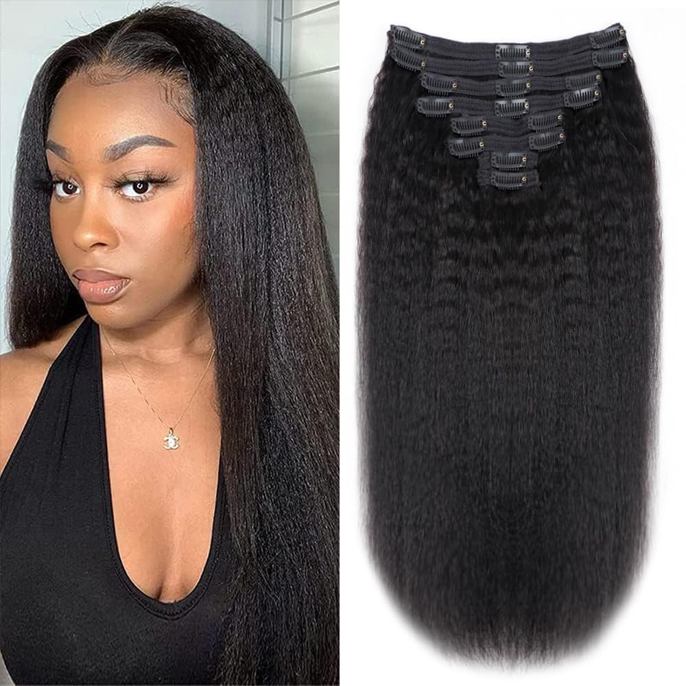 Tahikie kinky straight clip-in extensions pack for instant length and volume.