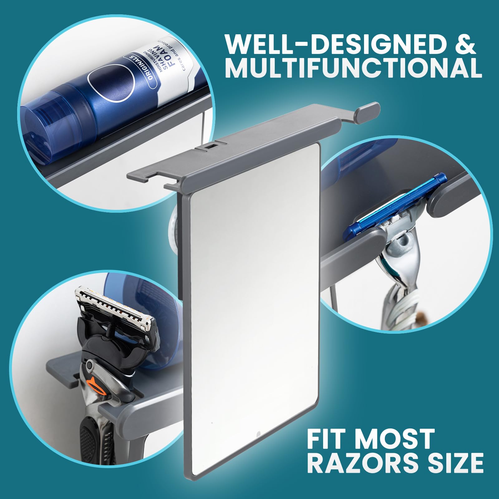 TAILI shower mirror in use in shower scene emphasizes fogless grooming convenience