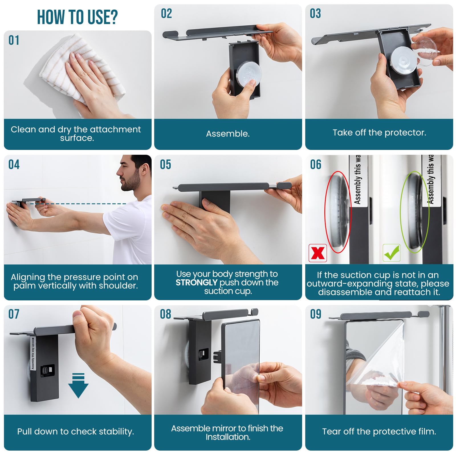 TAILI shower mirror removable suction demonstrates easy repositioning without leaving marks