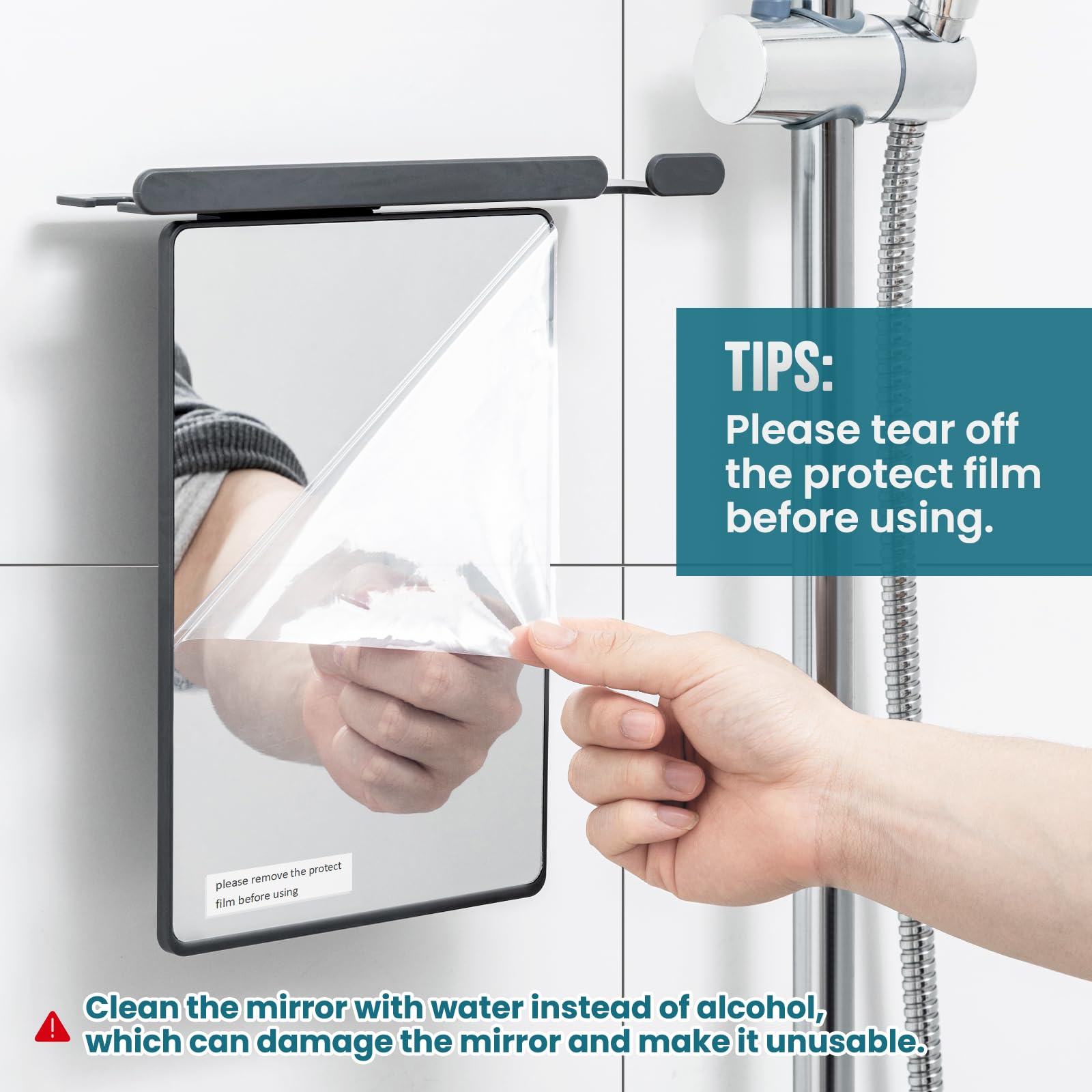 TAILI shower mirror suction panel shows secure, tool free mounting on tiles and glass