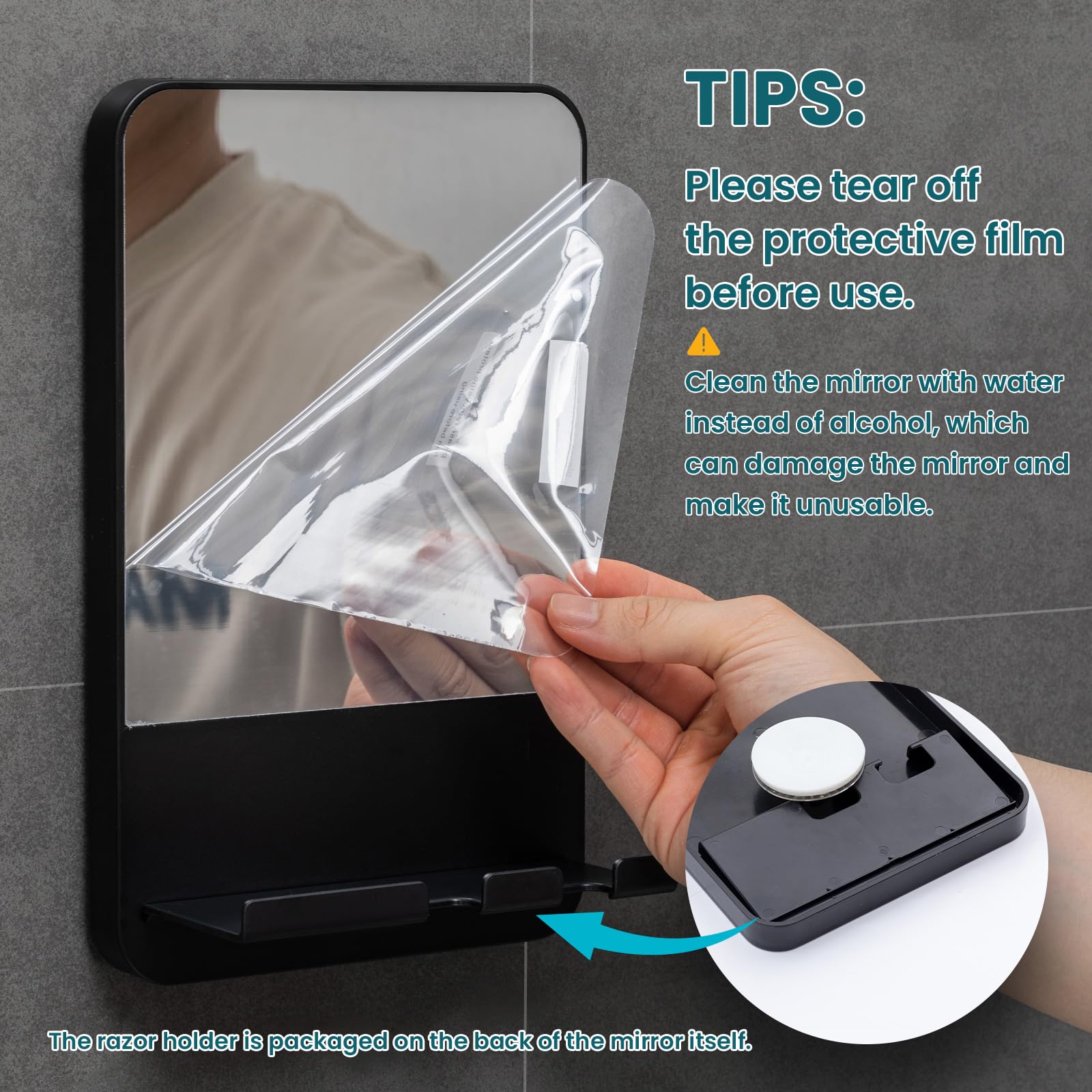 TAILI fogless mirror includes a storage tray for gel and toiletries.