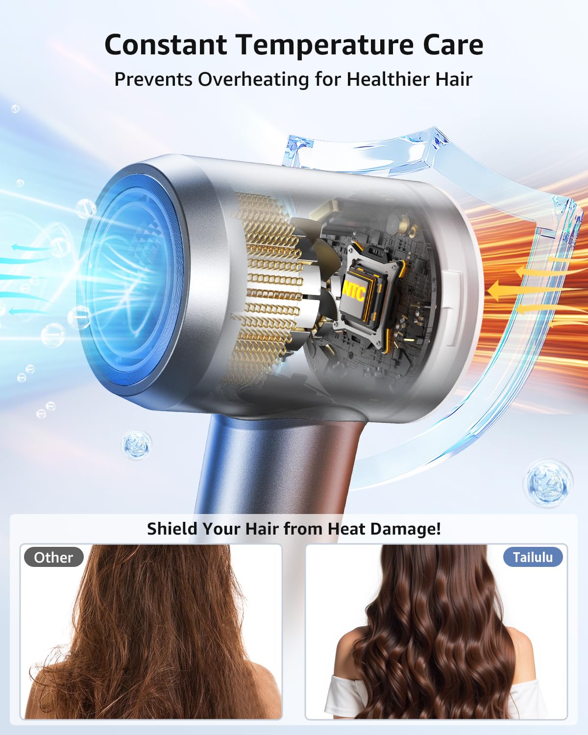Tailulu HF03 ion-technology releases 200M negative ions for frizz reduction and smoother shine