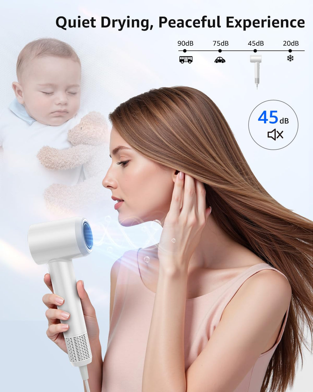Tailulu HF03 quiet drying minimizes noise for peaceful mornings.