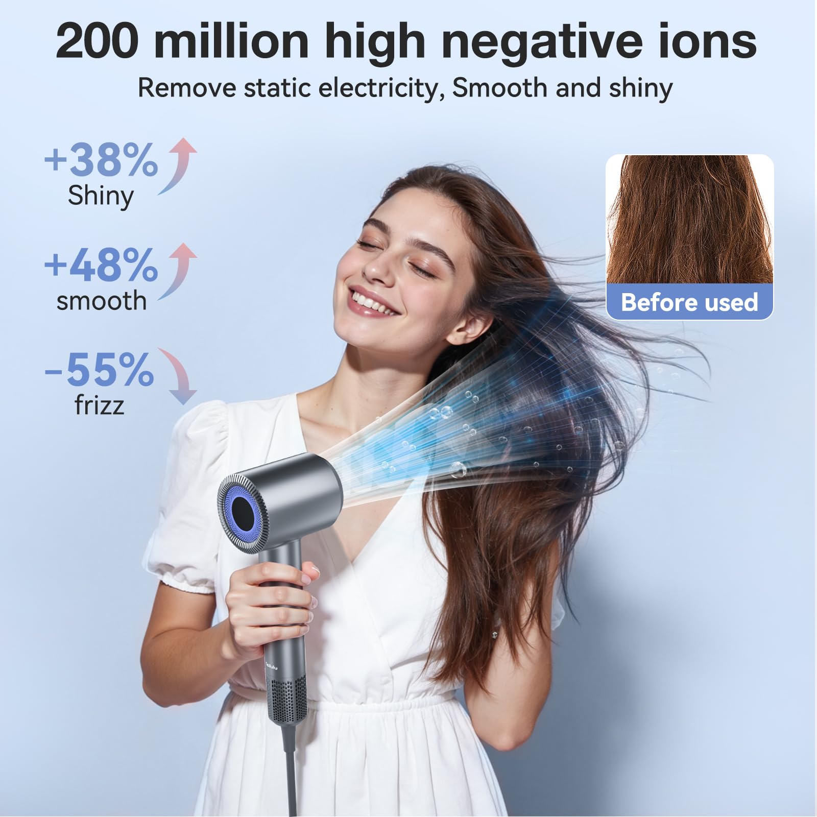 Tailulu P2306F Grey hair dryer demonstrates 52° constant temperature protection.