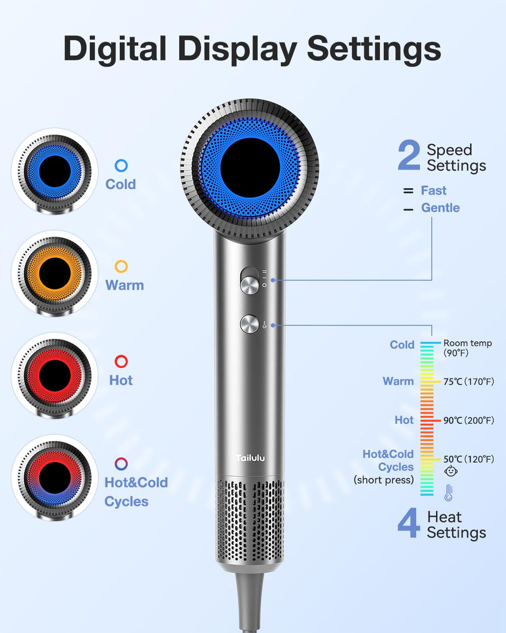 Tailulu P2306F Grey hair dryer is lightweight and portable for travel.
