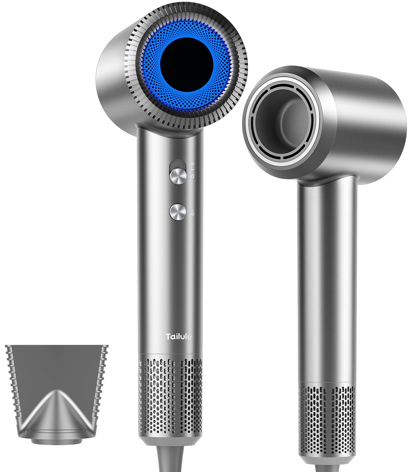 Tailulu P2306F Grey hair dryer with magnetic nozzle enabling precise styling.