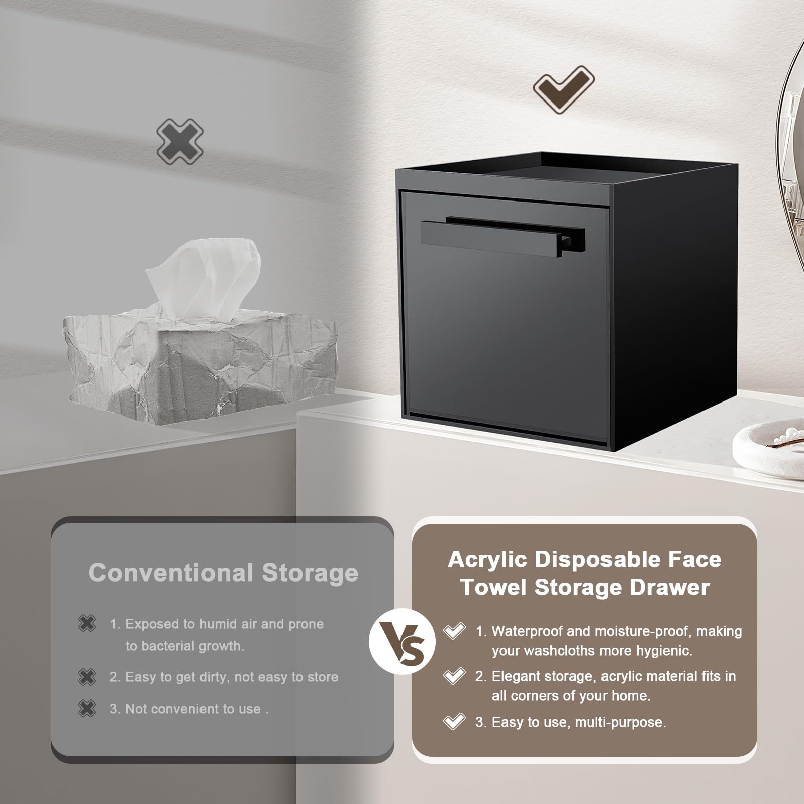 TAINESS drawer-open view highlighting transparent acrylic drawer for quick towel access