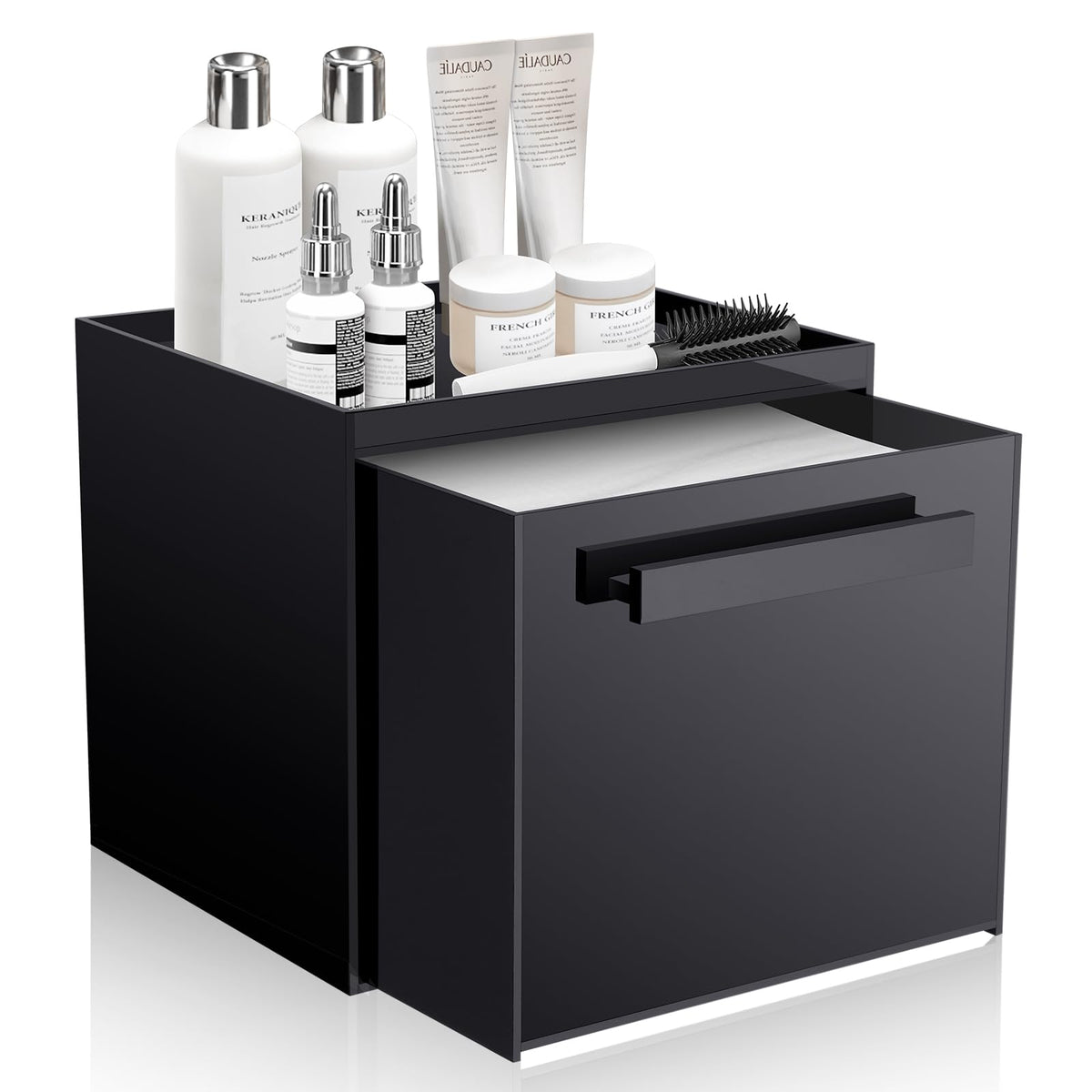 TAINESS glossy black towel box front view showing organized towels