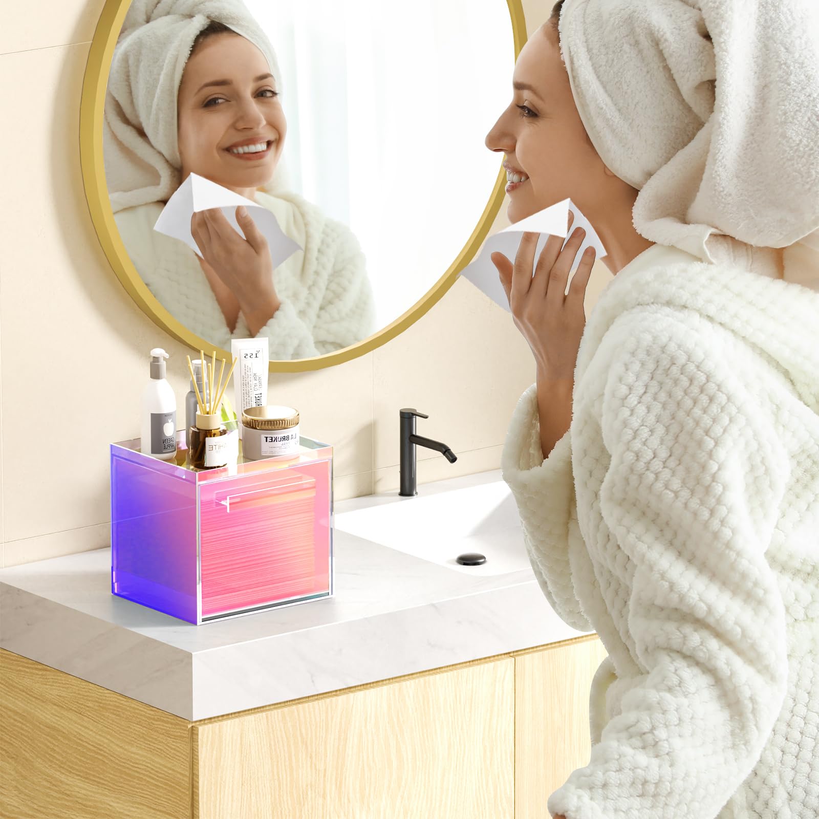 TAINESS rainbow box top design highlights elevated lip to prevent towels from slipping.