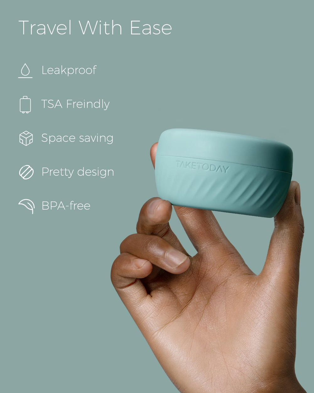 TakeToday 2oz leak-proof containers highlight wide-mouth design for mess-free filling.