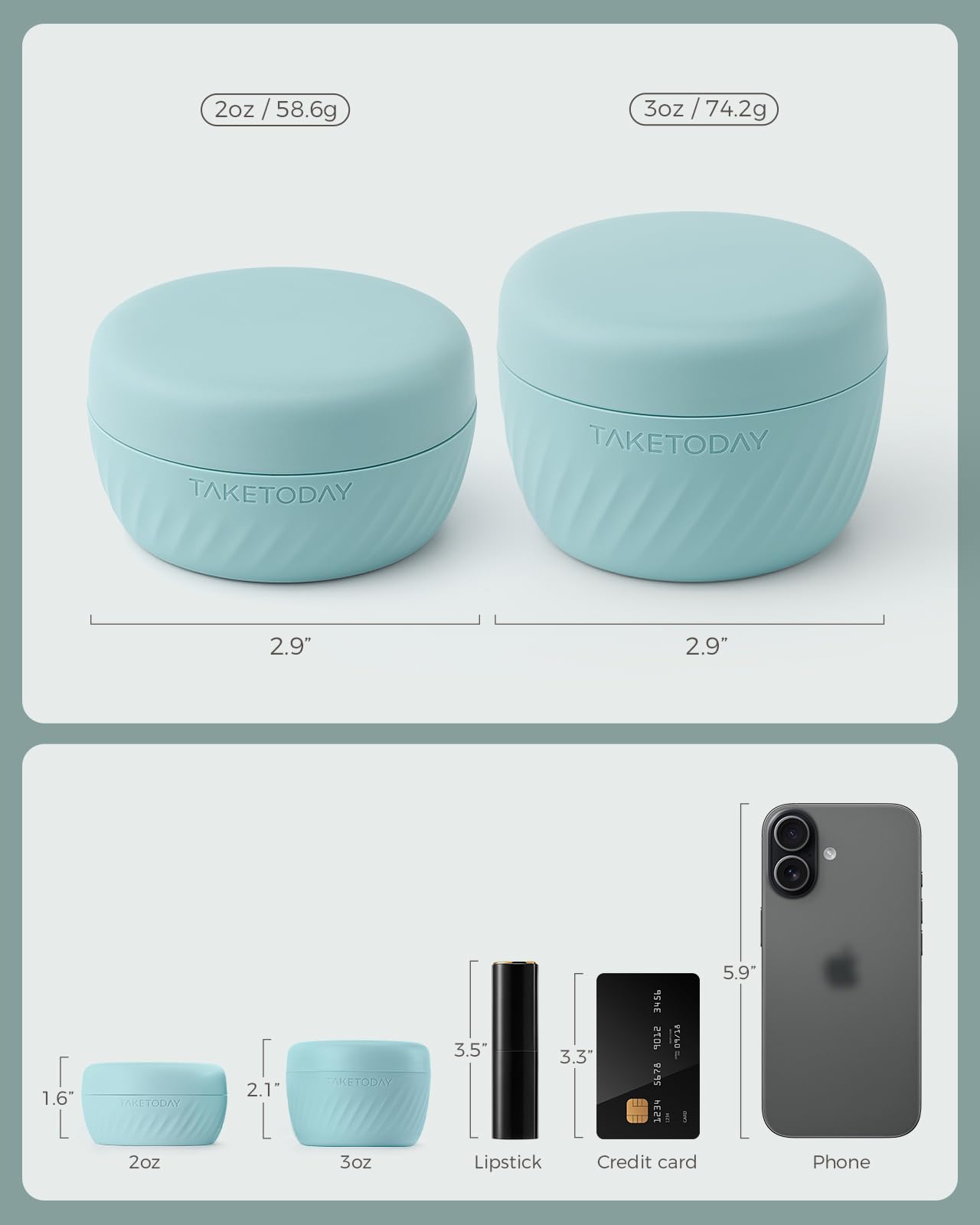 TakeToday gray silicone jars emphasize odorless, BPA-free storage for cosmetics.