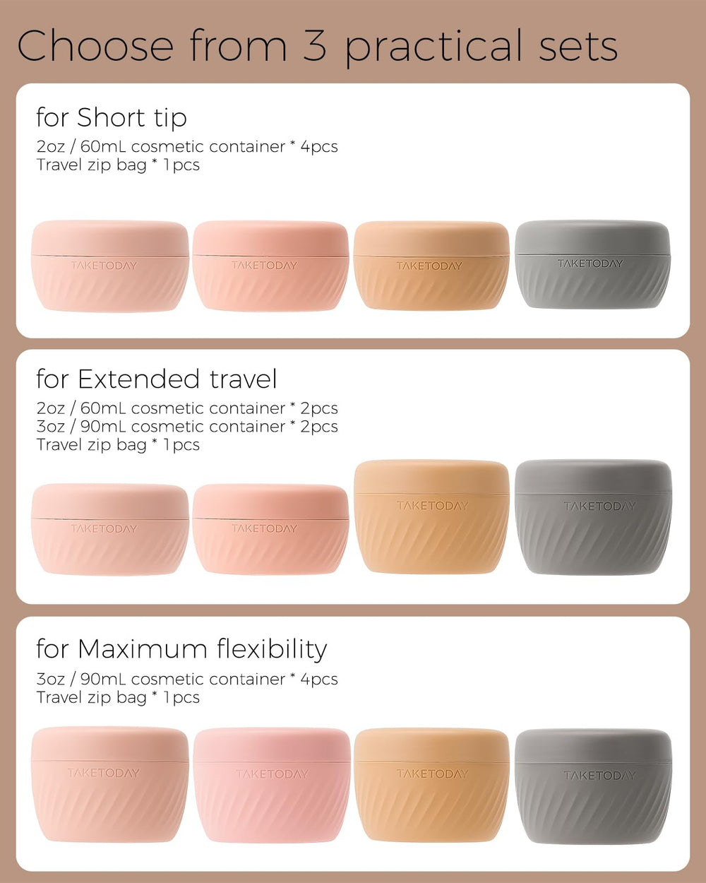 TakeToday travel jars store creams, serums, pills, and jewelry on the go.