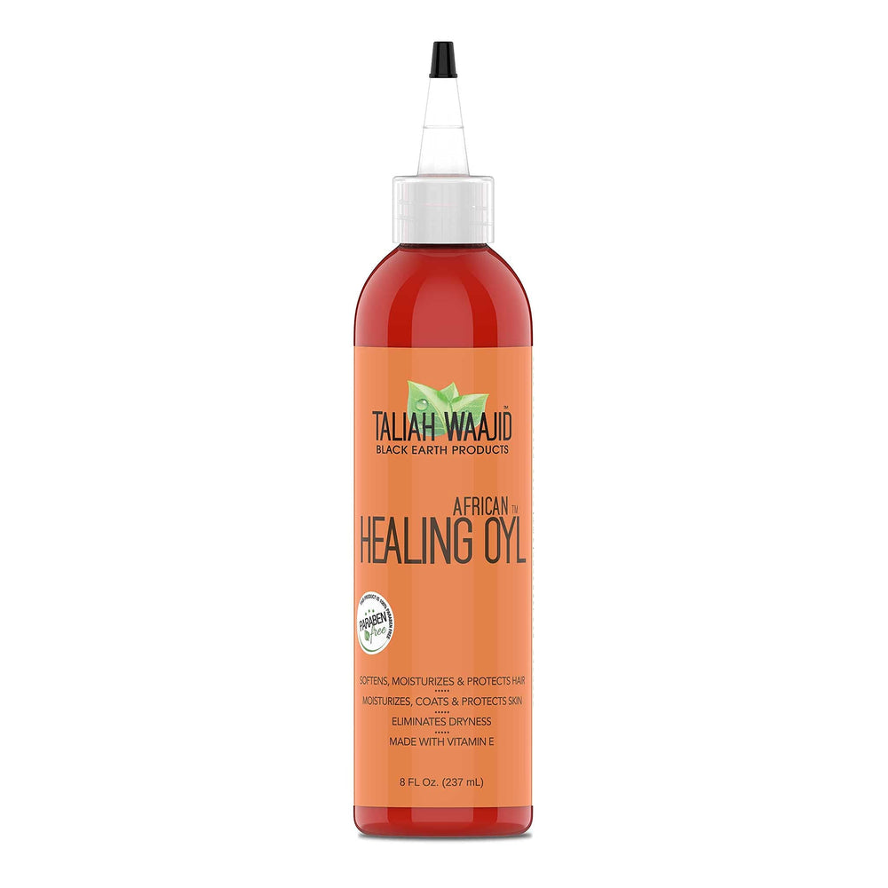 Taliah Waajid African Healing Oyl label detail highlights ingredients and usage ideas.