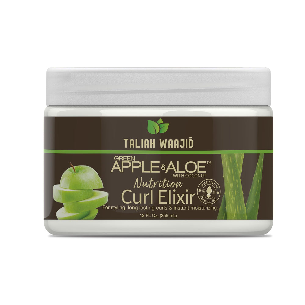 Taliah Waajid green apple and aloe elixir bottle with heat-protection benefits.