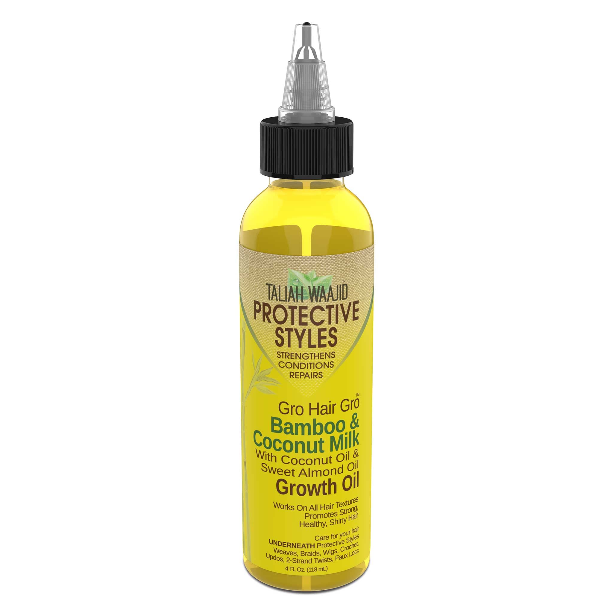 Taliah Waajid Hair Gro Bamboo Coconut Milk Oil application drop demonstrates easy scalp-friendly use